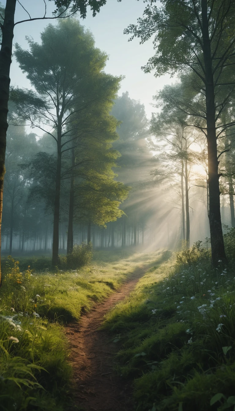 Ripresa cinematografica grandangolare di una foresta silenziosa all'alba