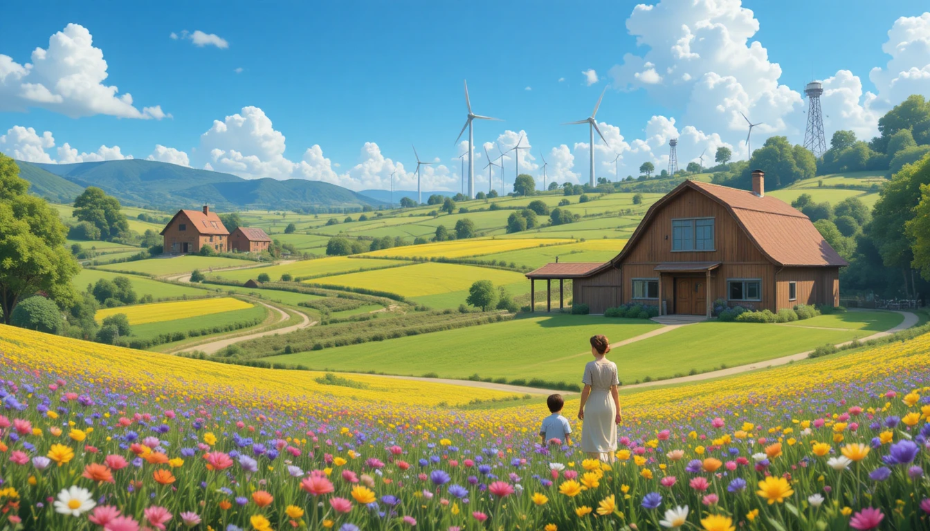 Paisagem de fazenda futurista com idosa e crianças