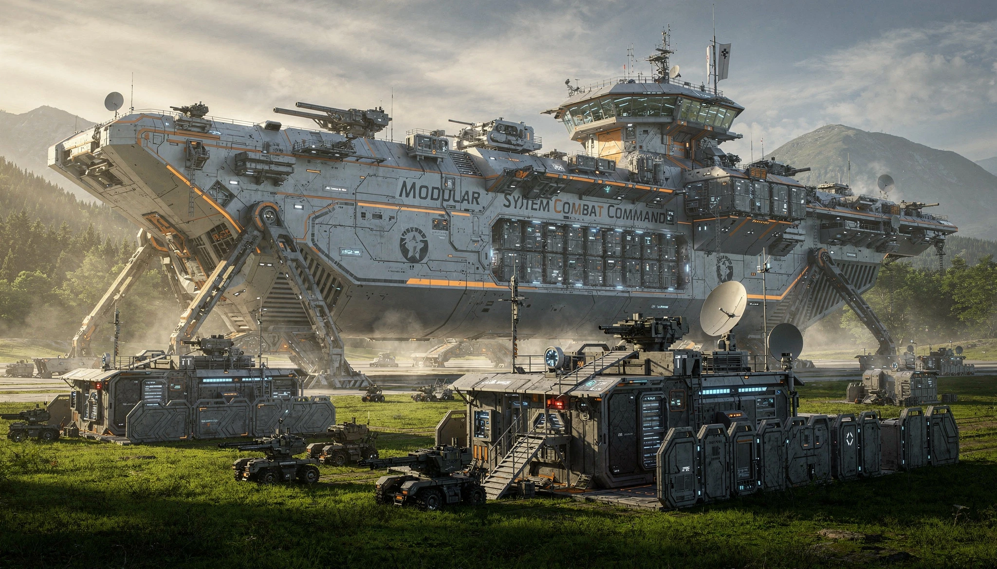 Massive modular cargo starship landed on lush alien world