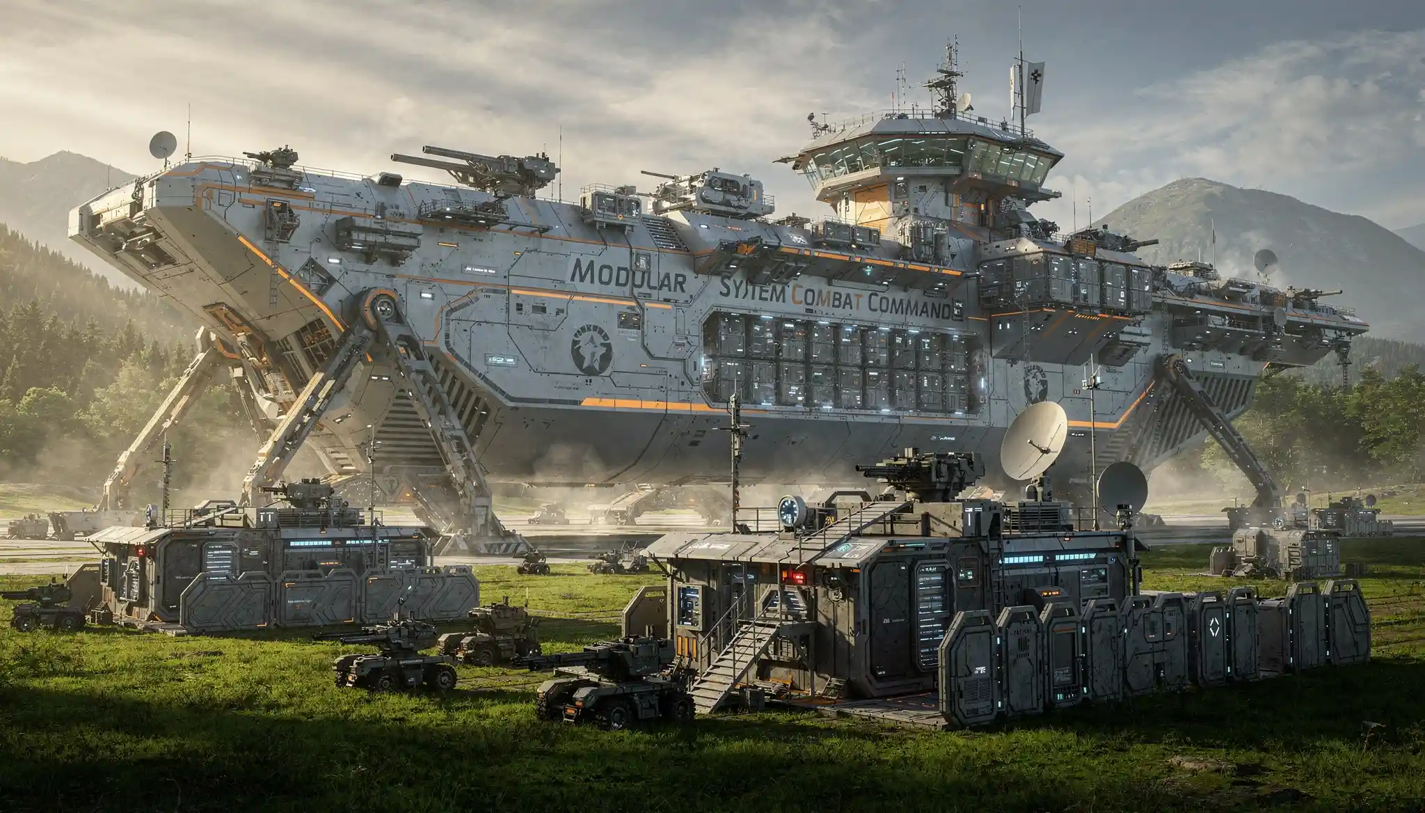 Massive modular cargo starship landed on lush alien world