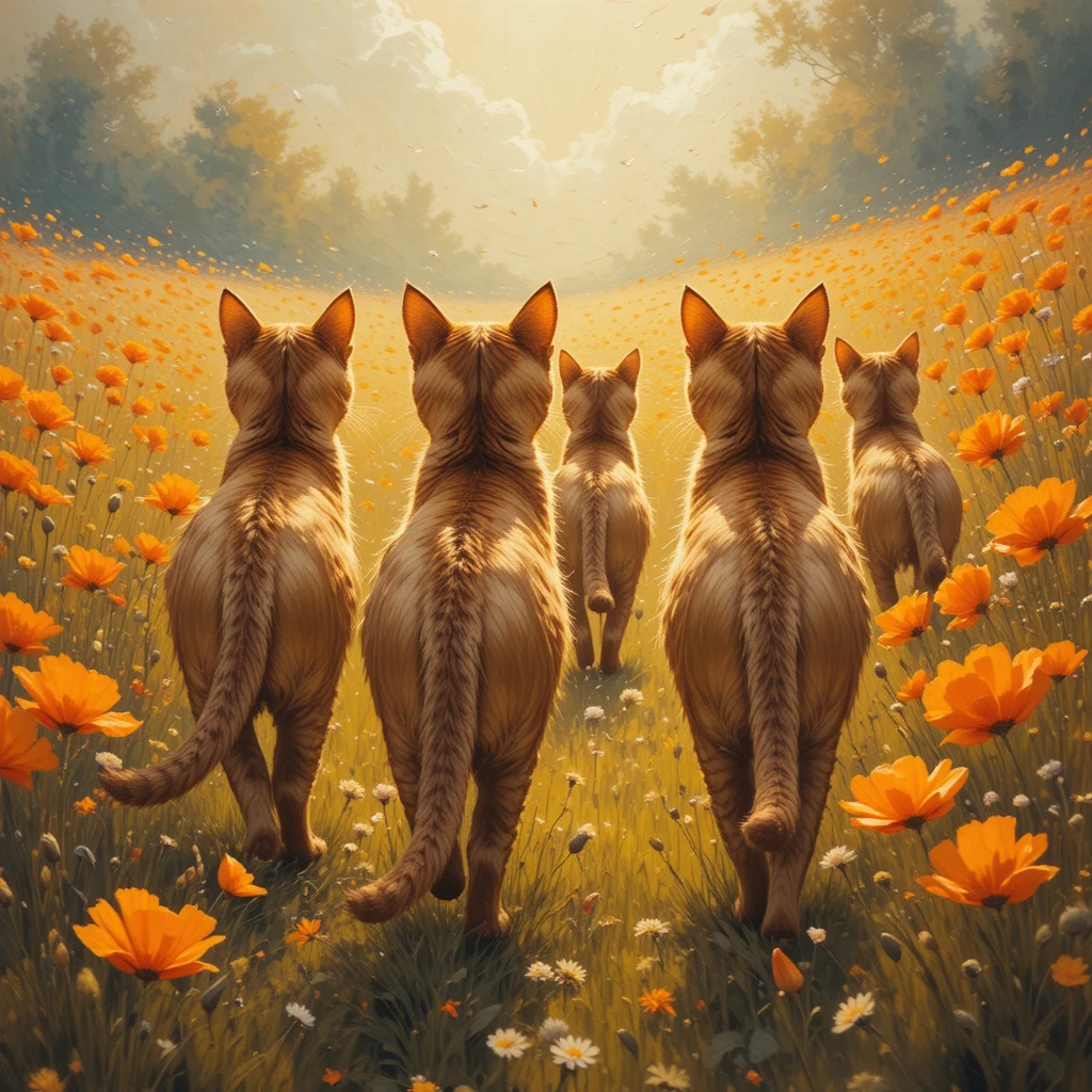 Four abyssinian cats running through an orange poppy meadow