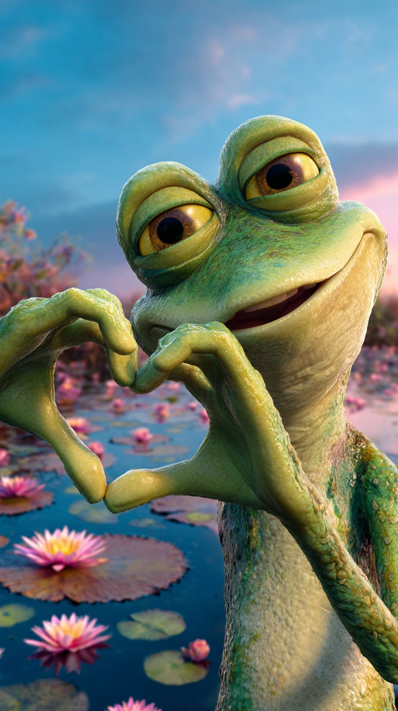 Smiling frog forming a heart shape hands by a lake