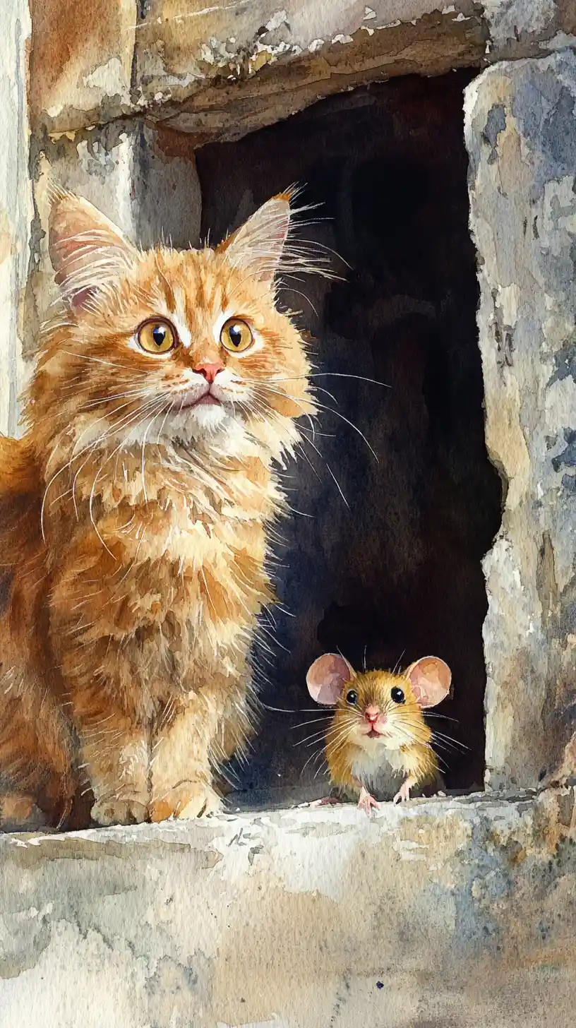 Watercolor cat watching a mouse hole in rustic kitchen