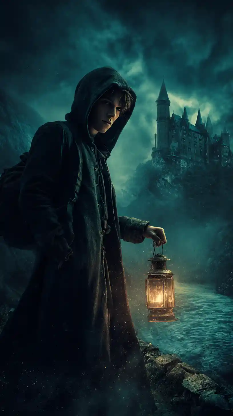Hooded man with lantern on bridge before dark castle