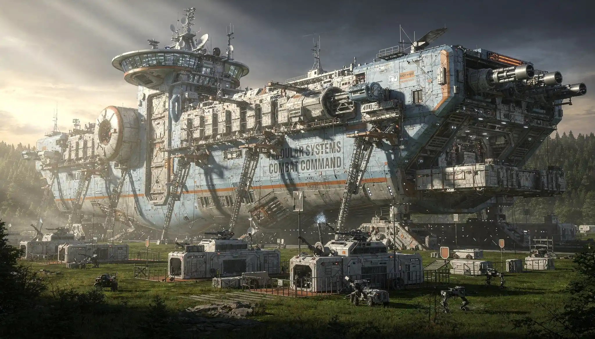 Massive modular cargo starship landed on green alien world