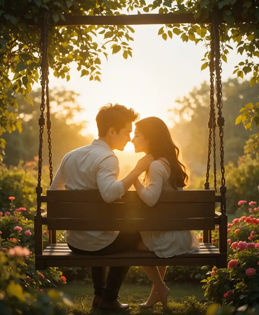 Coppia romantica su un’altalena da giardino in legno al tramonto