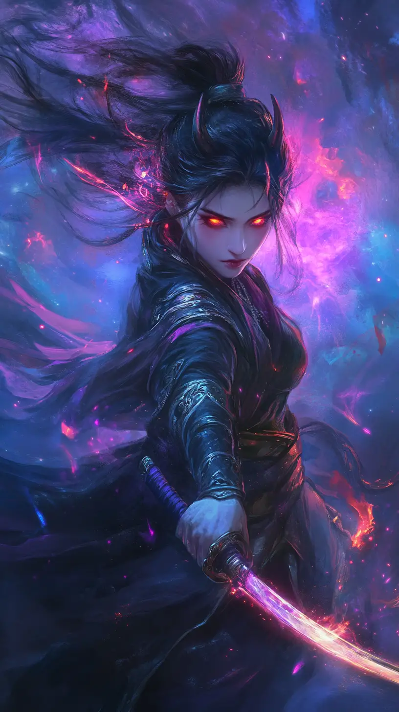 Demonic warrior woman lunges forward with glowing katana