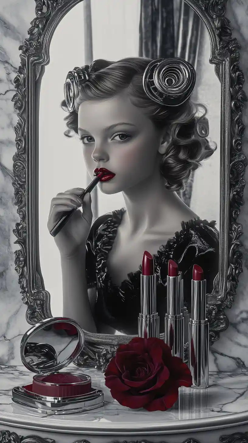 Young girl at vanity mirror applying crimson lipstick