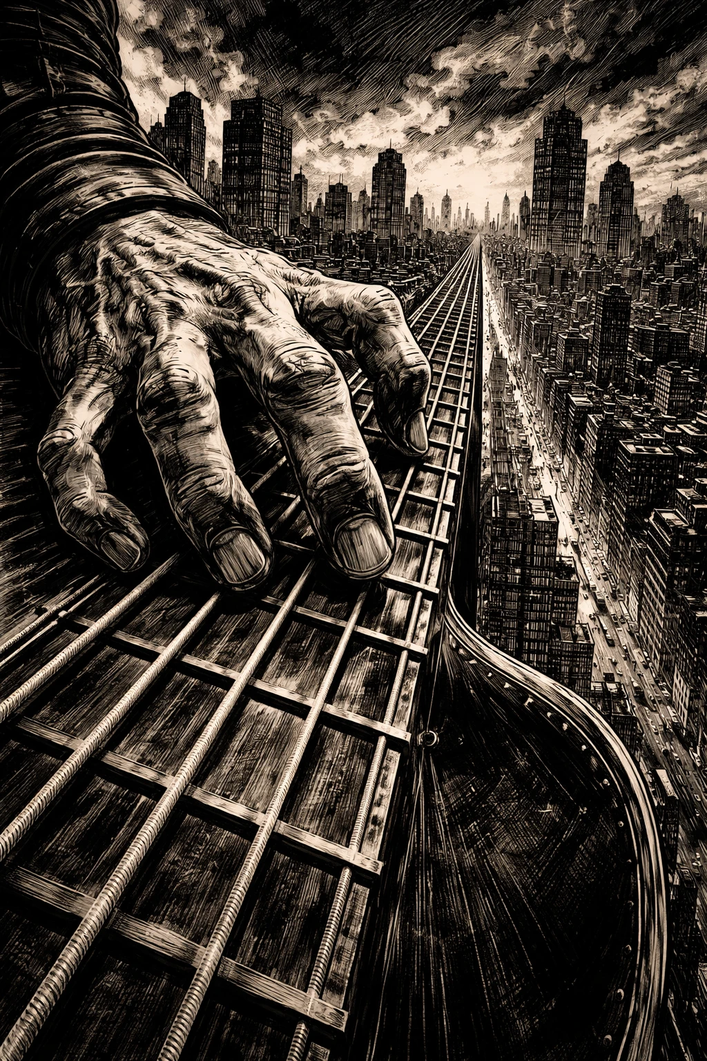 Giant Hand Strumming Guitar Strings Across A Dark City
