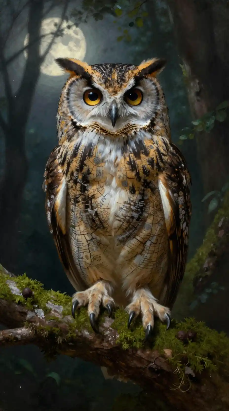 Majestic owl on mossy branch in a moonlit forest