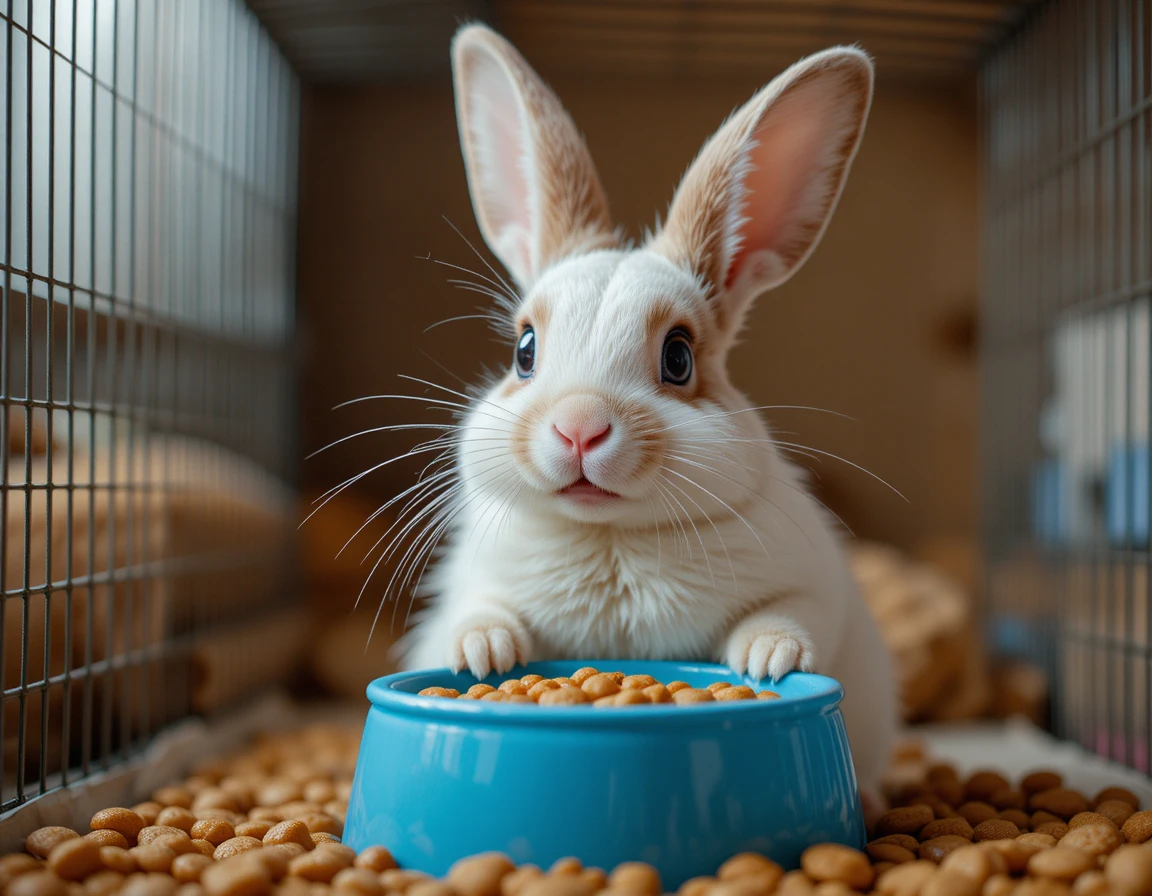 Cute pet rabbit lifting a blue food bowl in protest