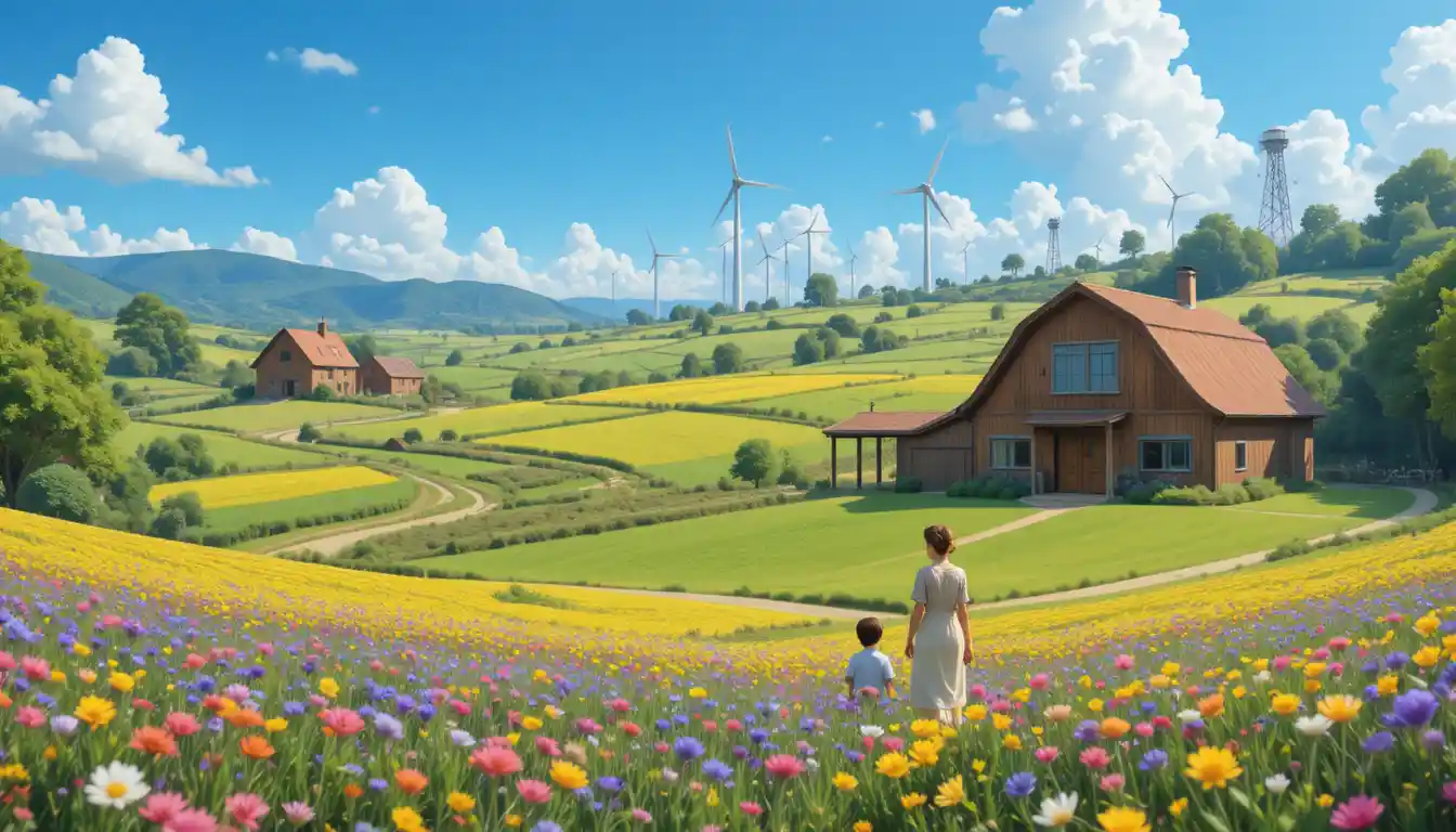 Futuristic farm landscape with elderly woman and children