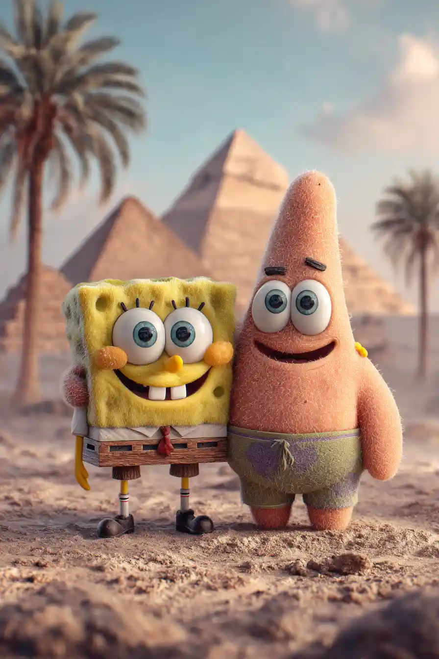 Two human friends walking in a sandy desert with pyramids