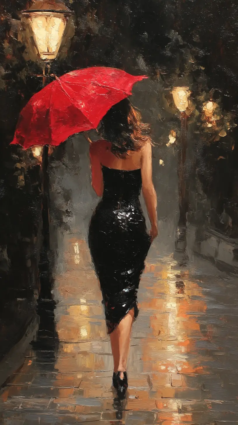 Woman walking alone under rainy night streetlights