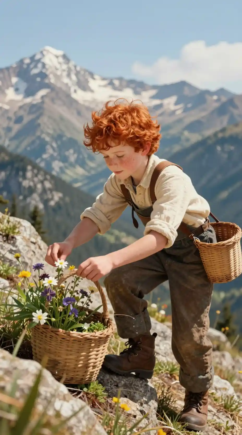 Freckled boy climbing a mountain with a flower basket