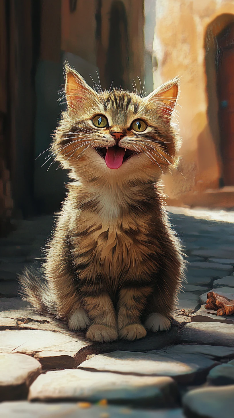 Fluffy cartoon kitten begging on a warm cobblestone street