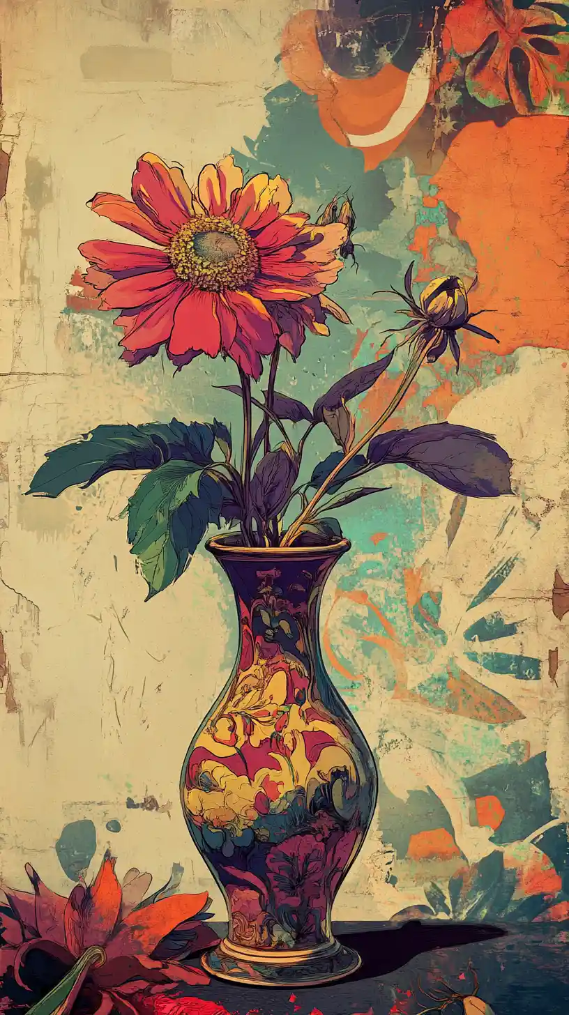 Colorful art deco illustration of a vase with a single flower