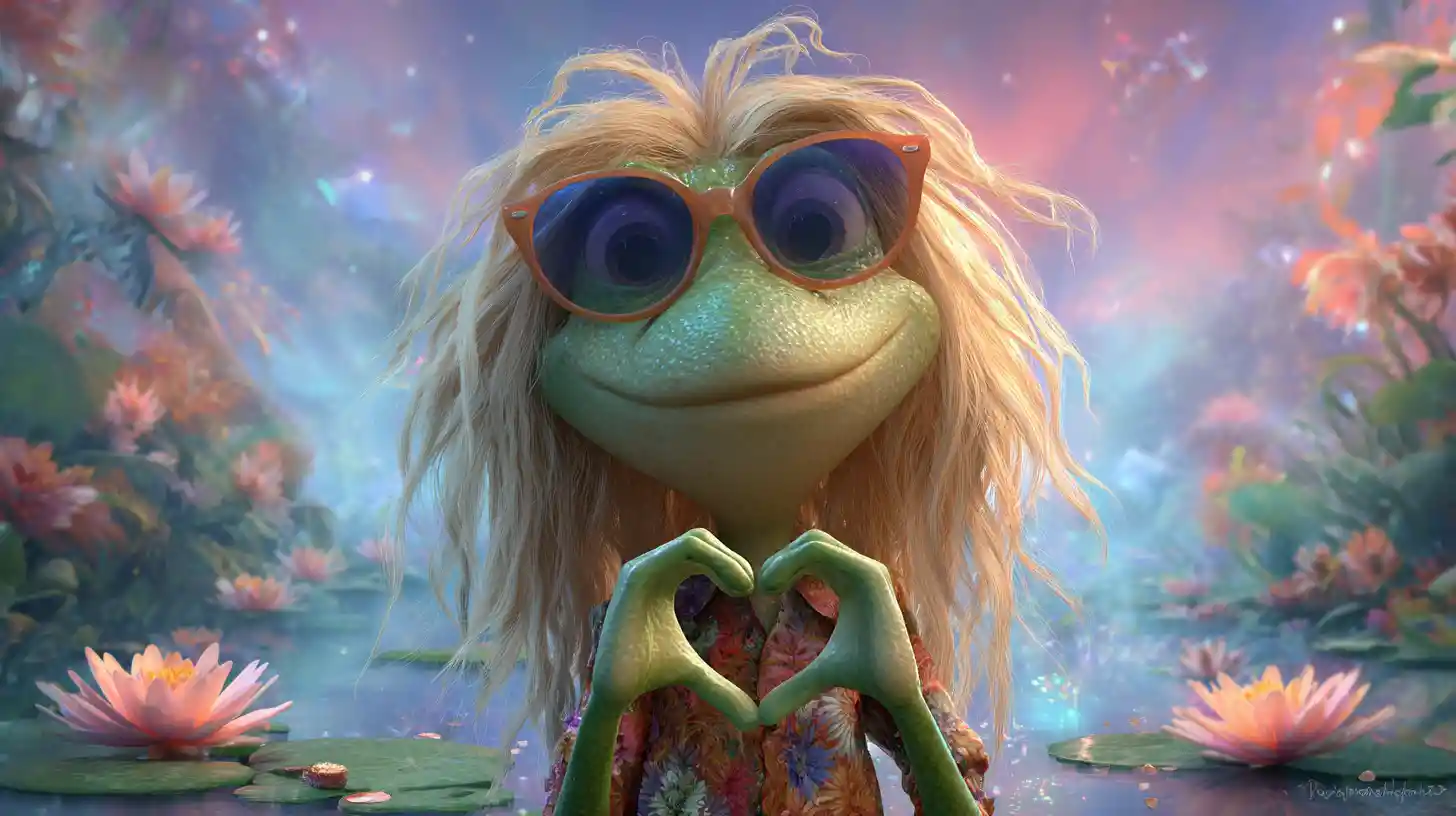 Cool frog with long hair making a heart gesture