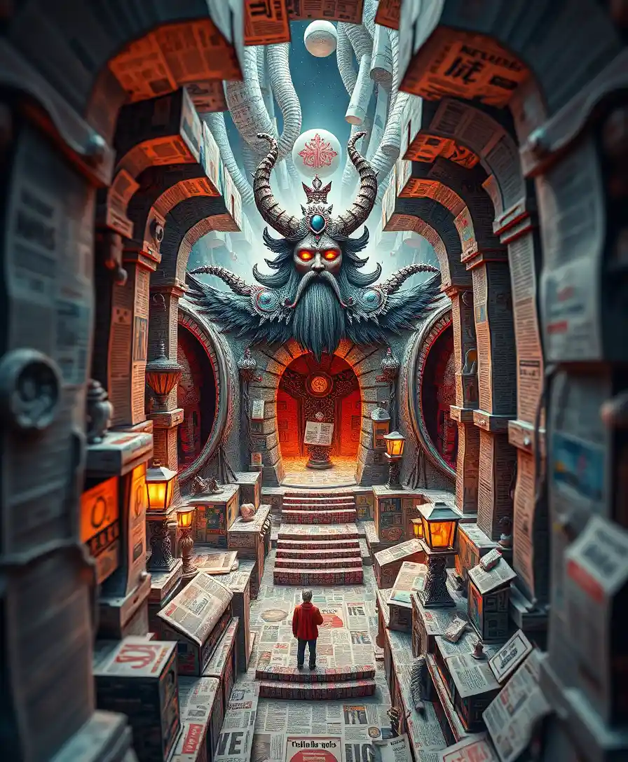 Playful News Deity Wandering Through A Surreal Labyrinth