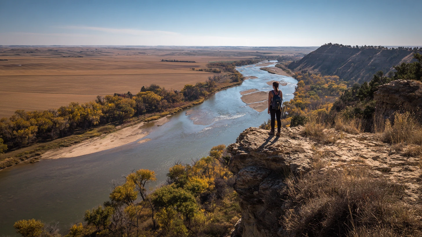 Donna su uno sperone roccioso con vista sul paesaggio del fiume Niobrara