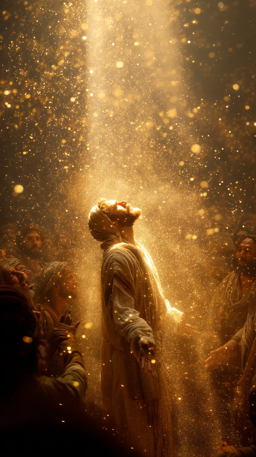 Divine metamorphosis radiating golden light over a gathered crowd