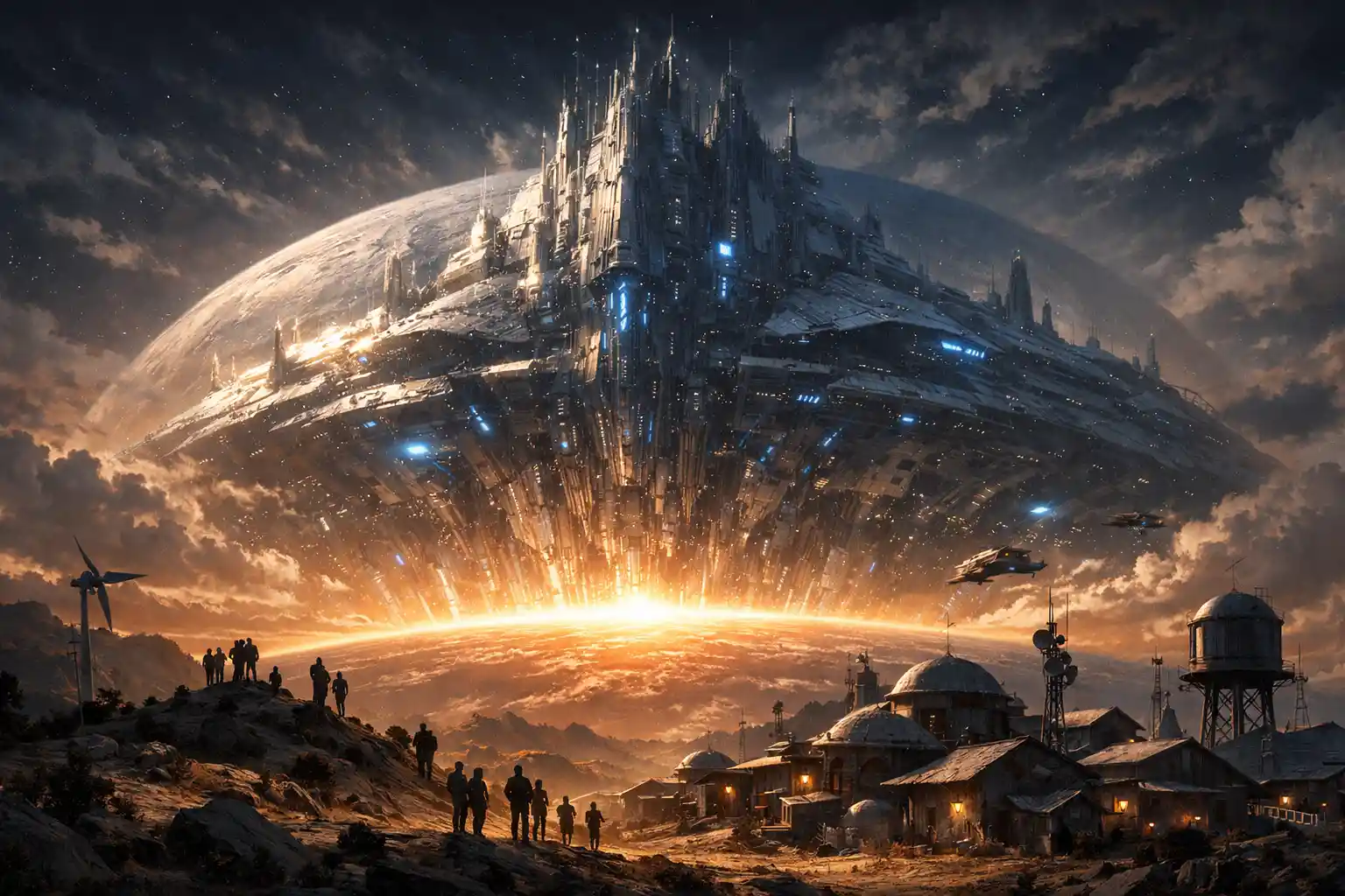 Colossal Alien Starship Rising Above A Distant Planet Village