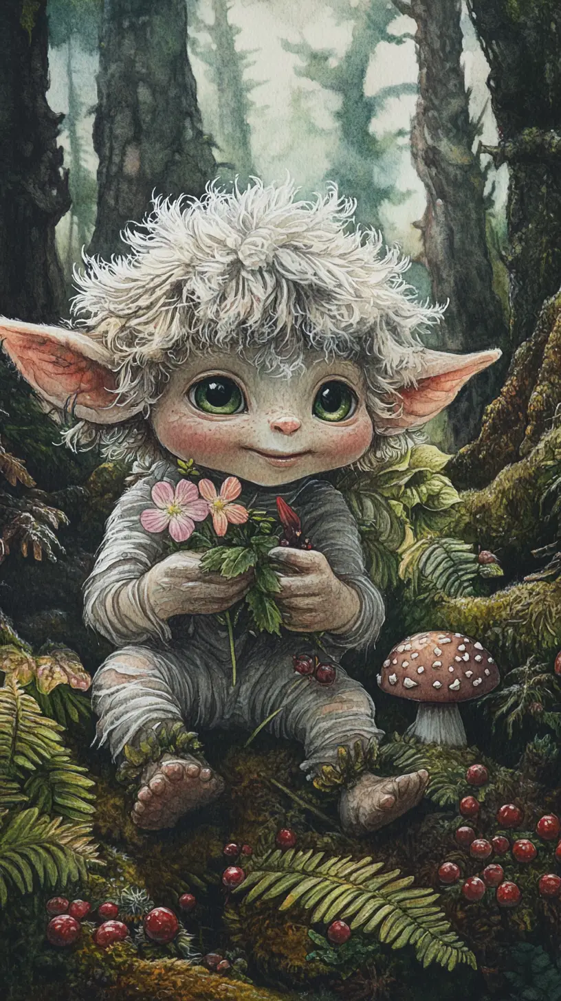 Dolce piccolo troll che raccoglie fiori magici nella foresta