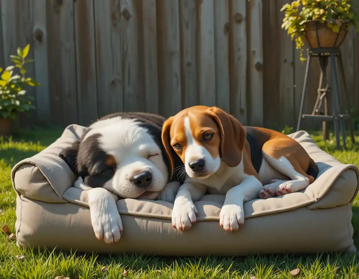Deux chiens dormant ensemble sur un lit moelleux au soleil
