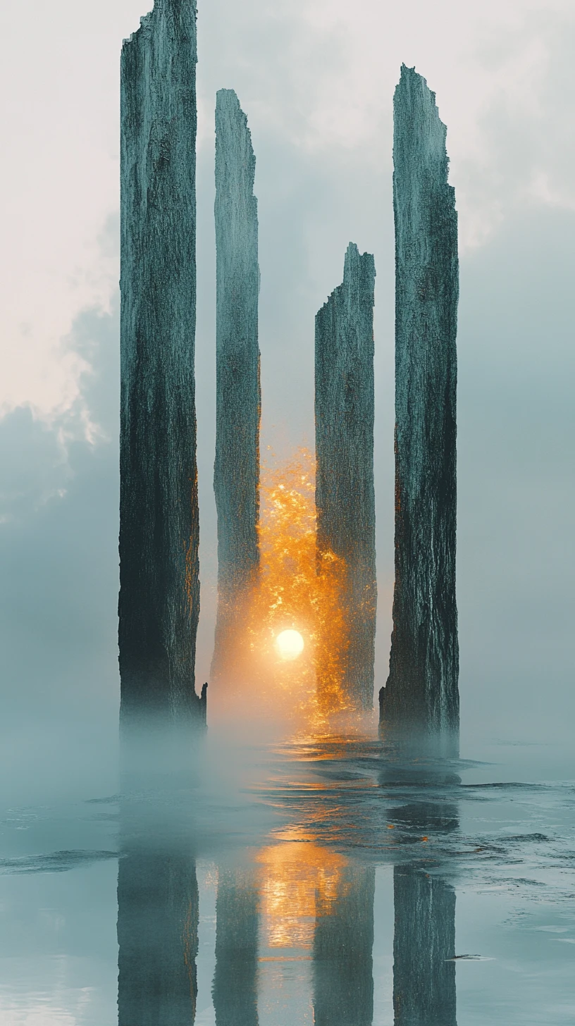 Surreal shoreline with erupting golden light and misty pillars