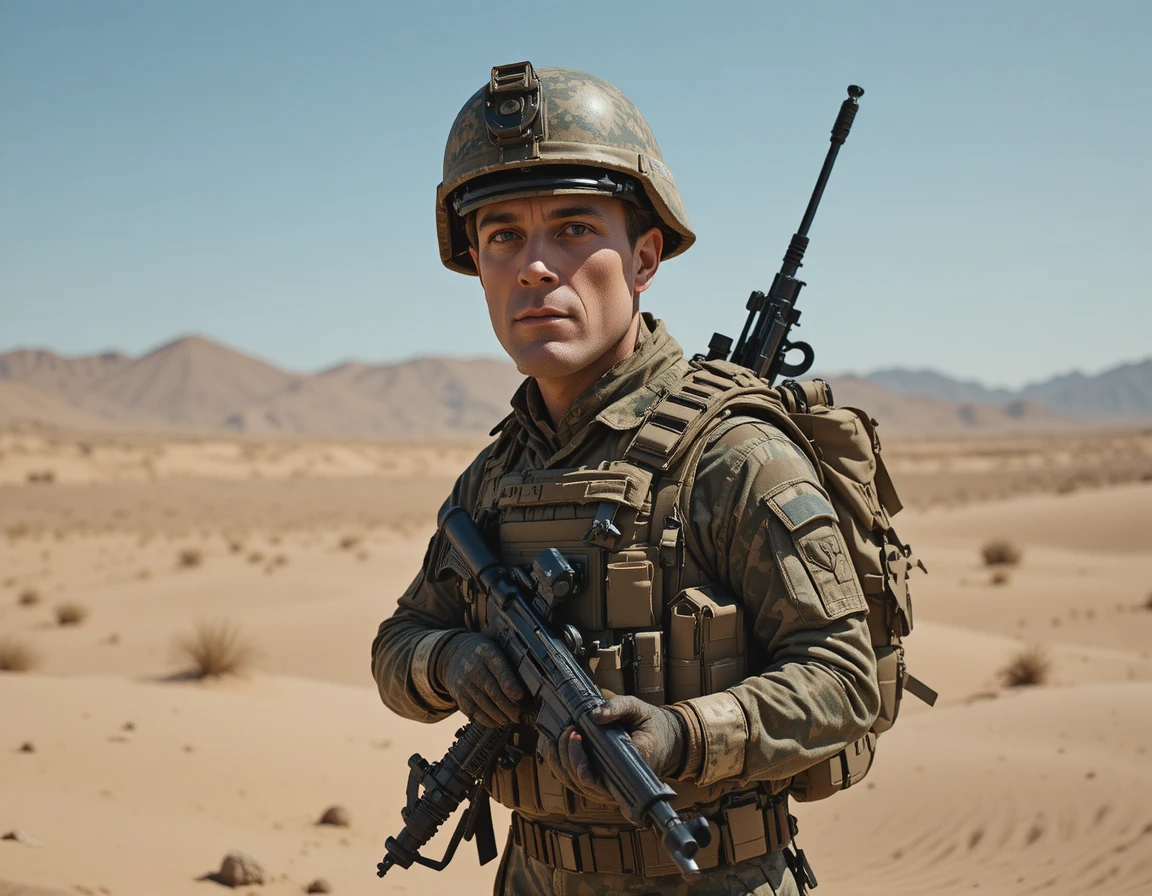 Armed soldier in camouflage standing in bright desert terrain