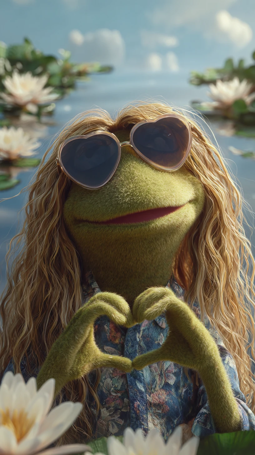 Frog With Long Hair And Sunglasses Making A Heart Gesture