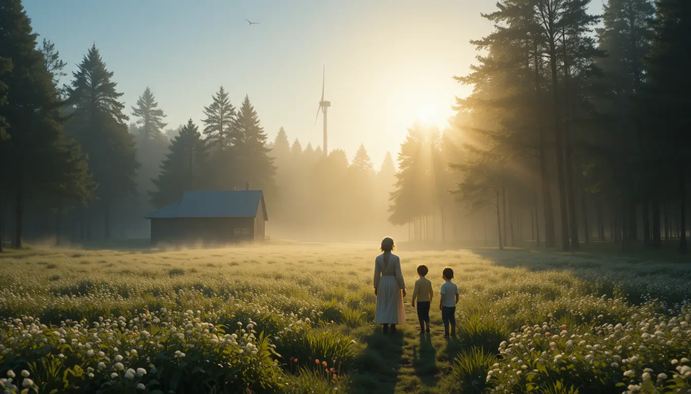 Cinematic wide shot of a peaceful foggy forest at dawn