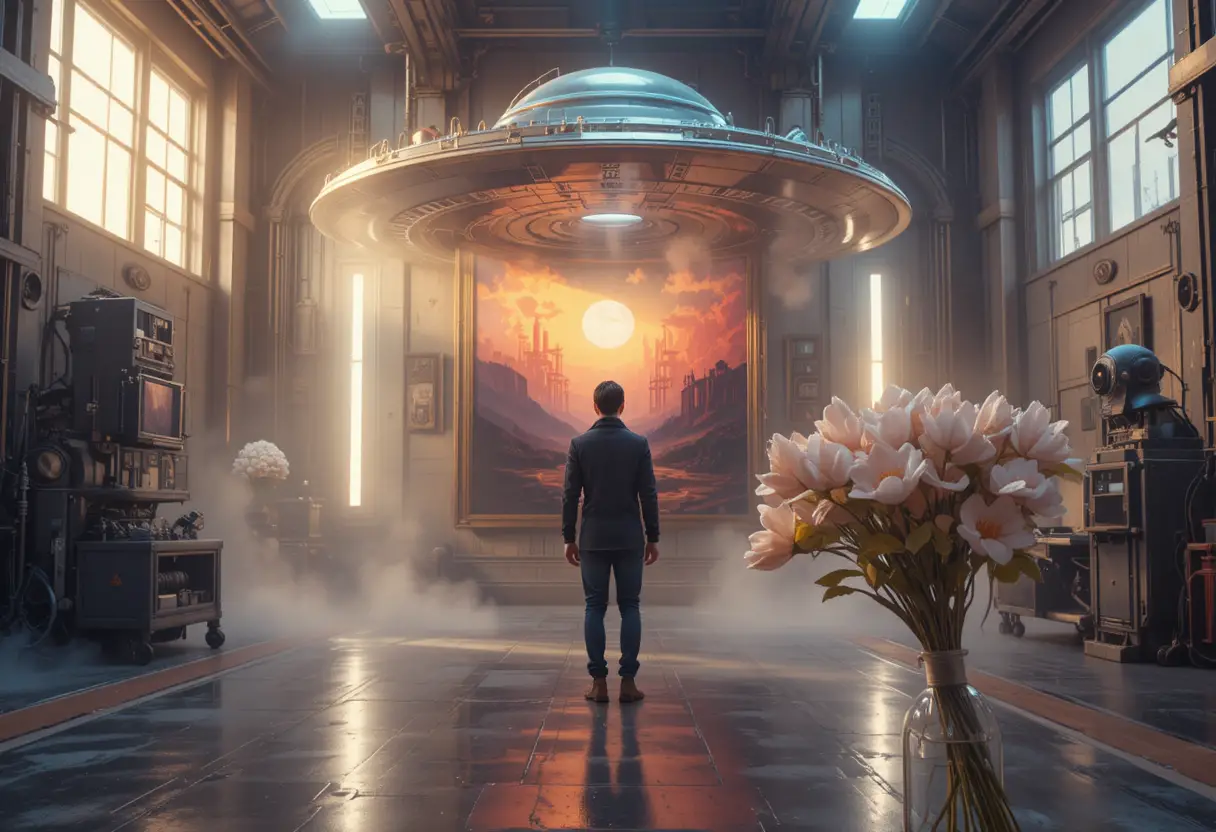 Futuristic room with lone figure facing glowing ufo