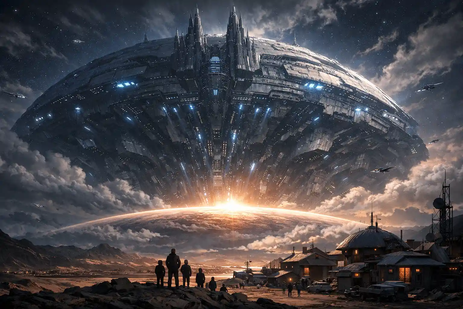 Gigantic Alien Starship Rising Over A Planet Horizon