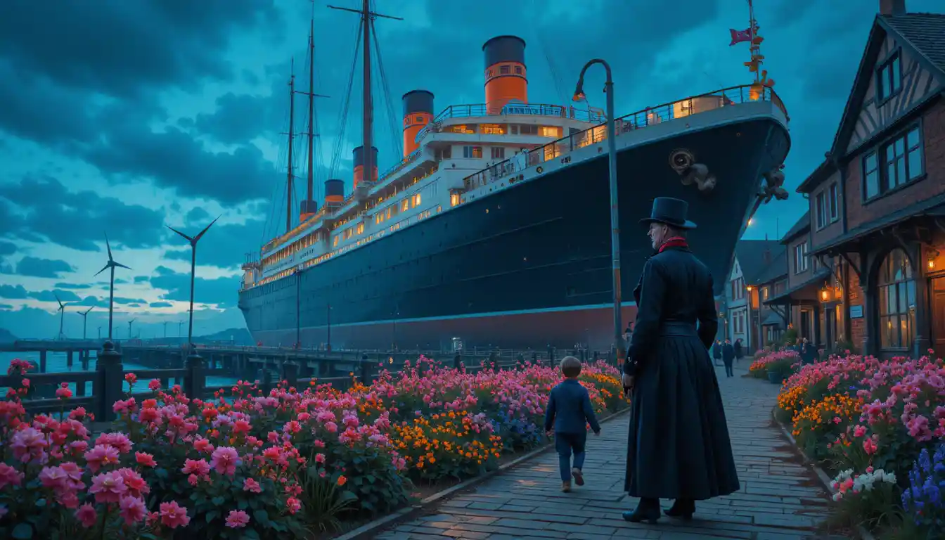 Elegant victorian gentleman on a liverpool harbor at night