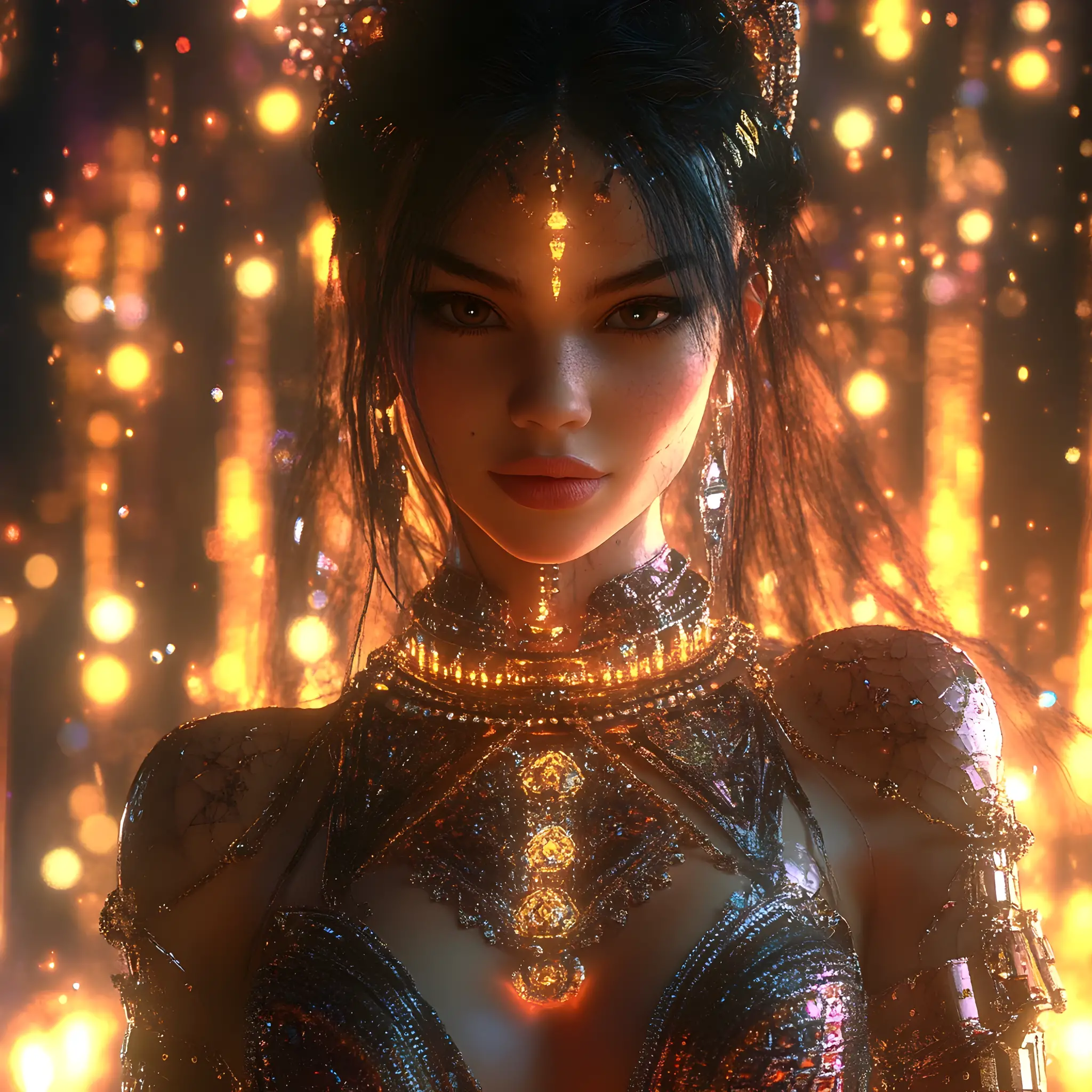 Mujer Cyberpunk Hiperrealista con Traje de Diamantes Incrustado de Gemas