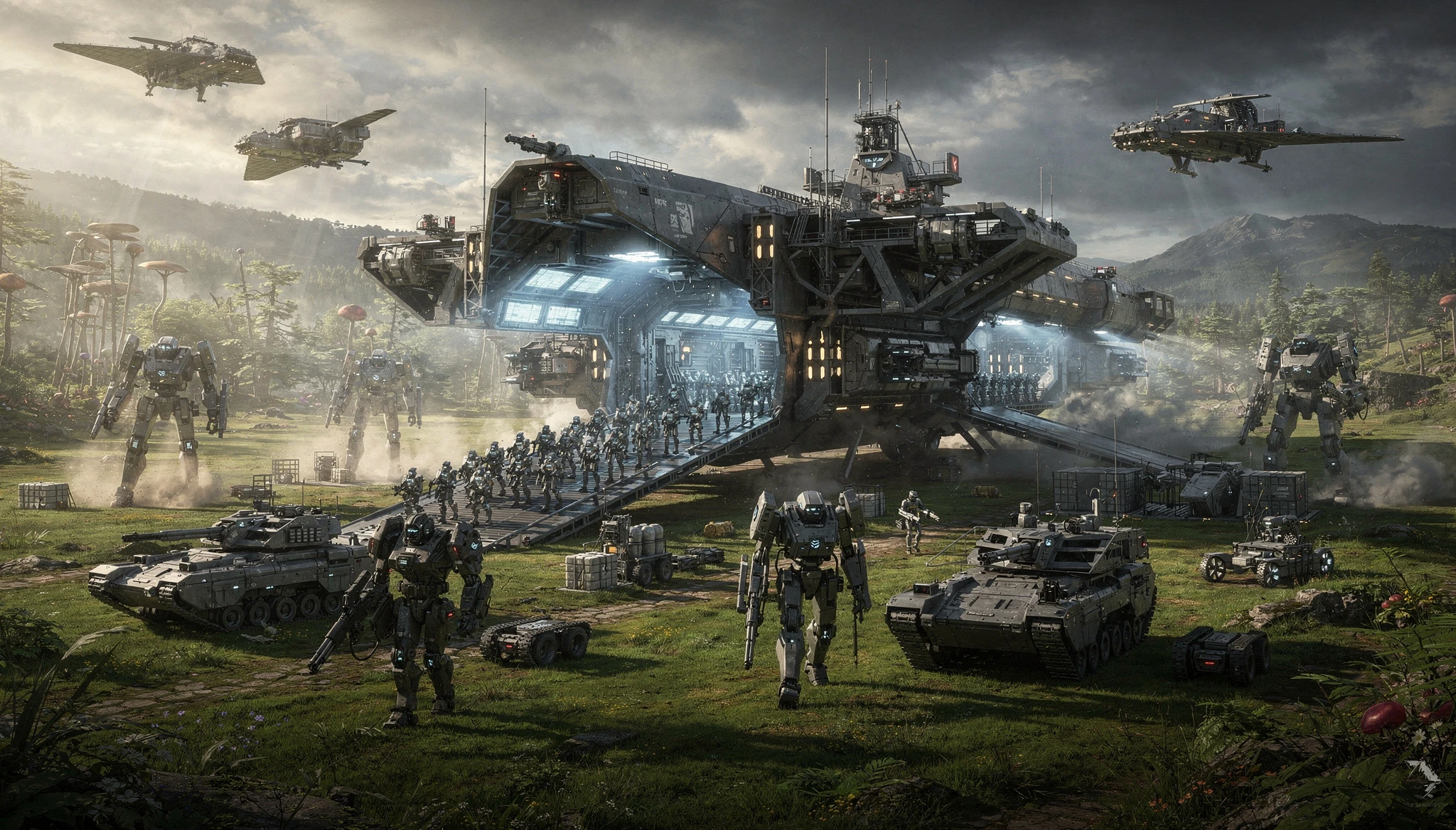 Gigantic sci fi landing ship unloading troops on alien world