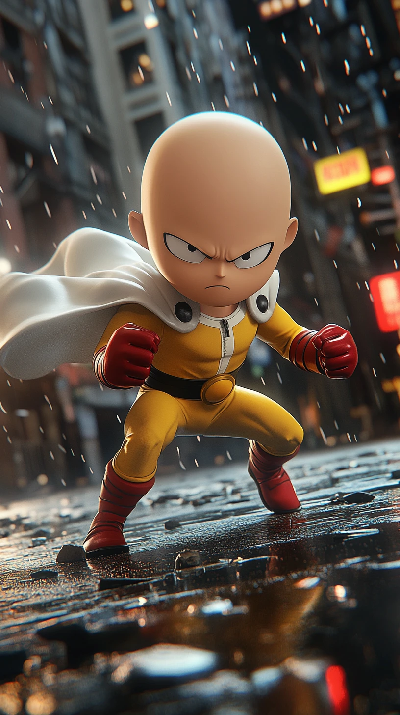 Super-héros chibi chauve accroupi sur une rue de ville mouillée