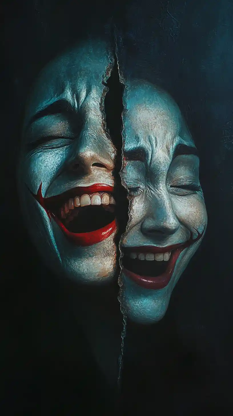 Surreal mask with laughing and crying halves melting together