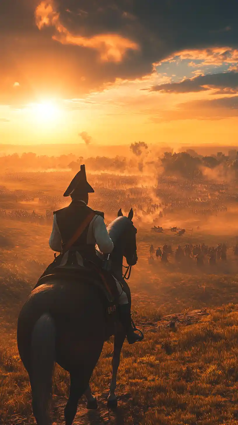 Napoleon on horseback overlooking a dramatic sunset battlefield