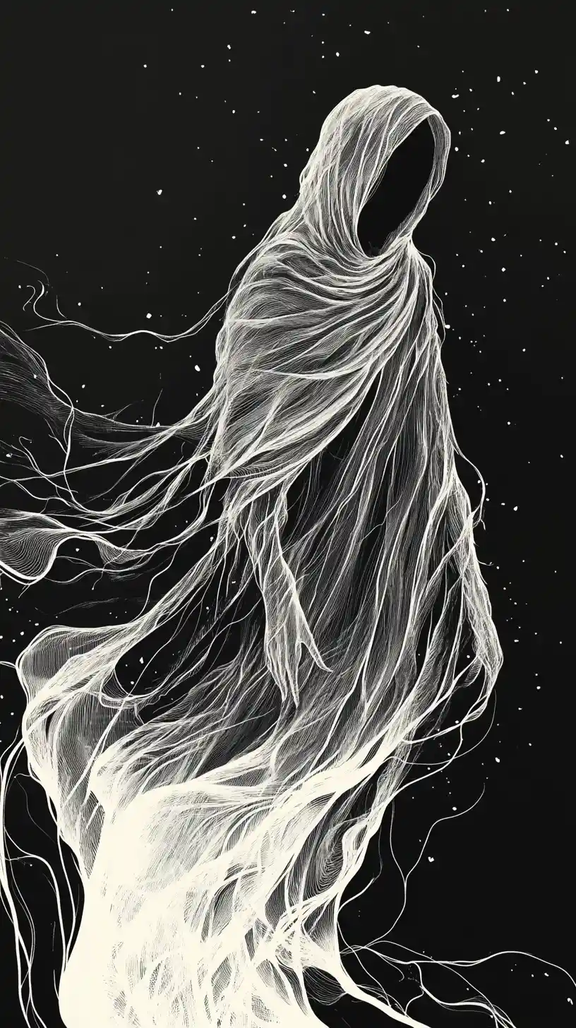 Hooded figure levitating in glowing monochrome darkness