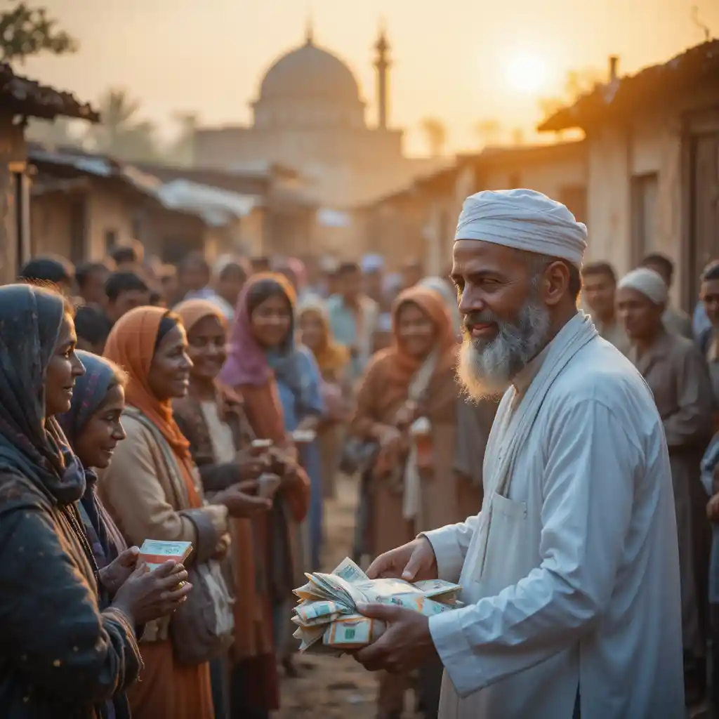 Kind muslim man giving charity in a village at sunset