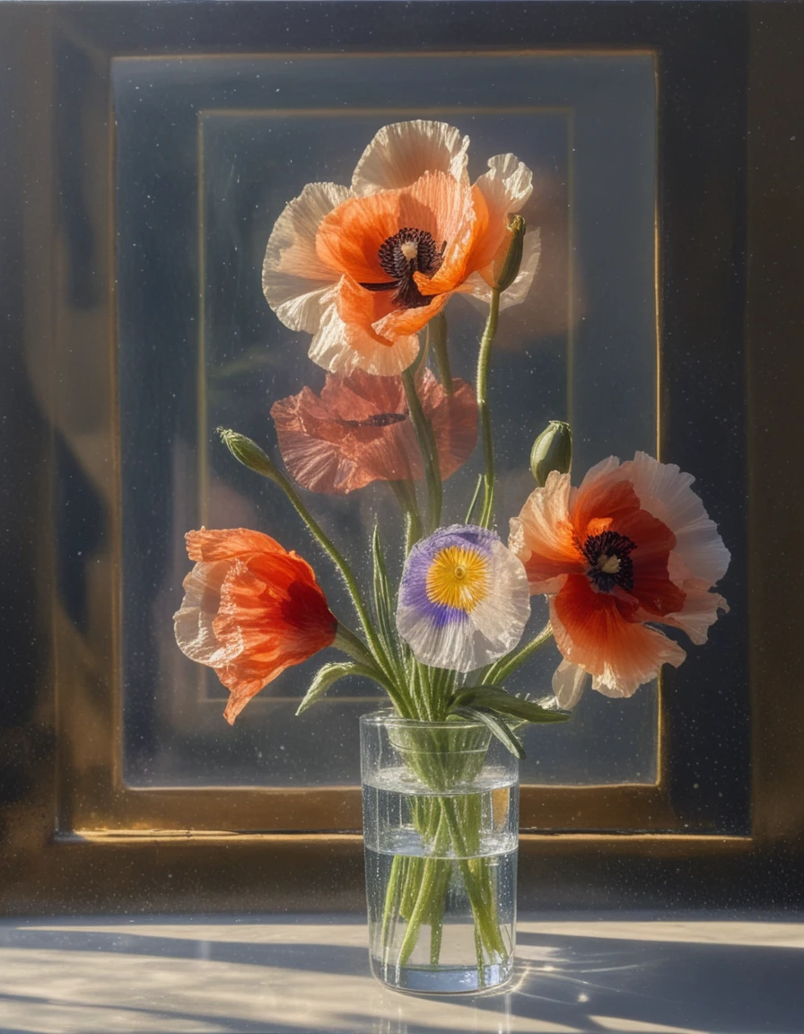 Three poppies in a glass vase with engraved iris background