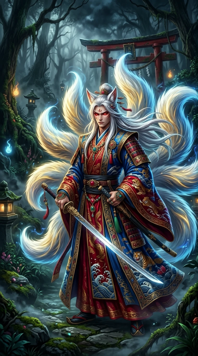Nine tailed fox warrior man in mystical forest
