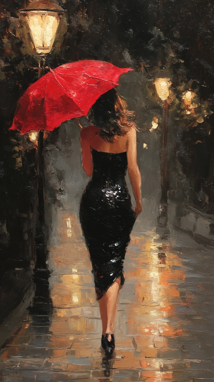 Woman walking alone under rainy night streetlights