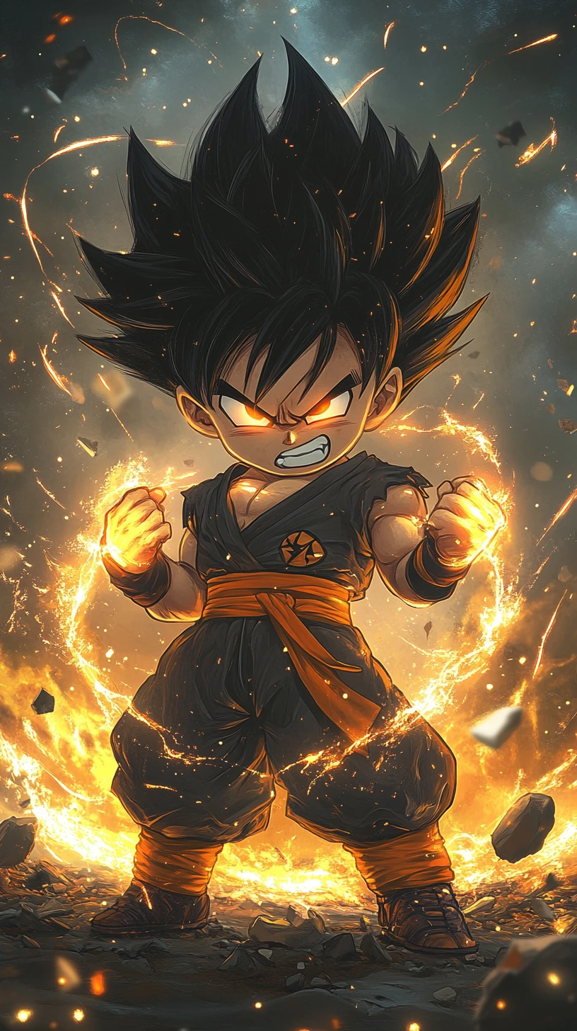 Chibi anime fighter charging glowing energy in debris