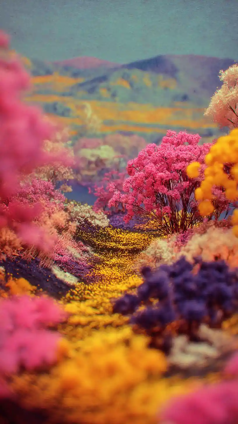 Surreal embroidered flower fields dissolving into blurred landscape