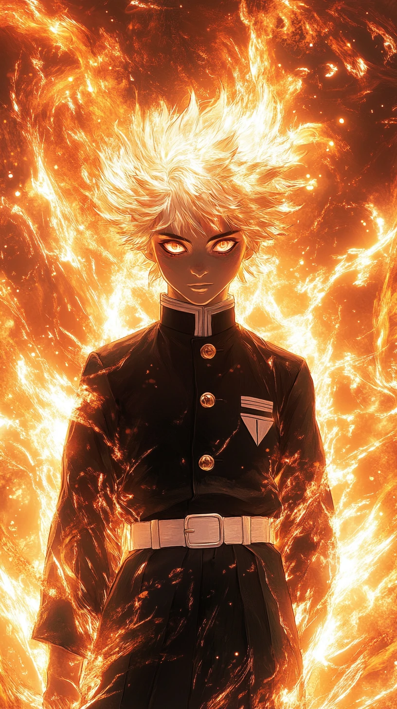 Anime boy in black uniform amid fiery glowing energy