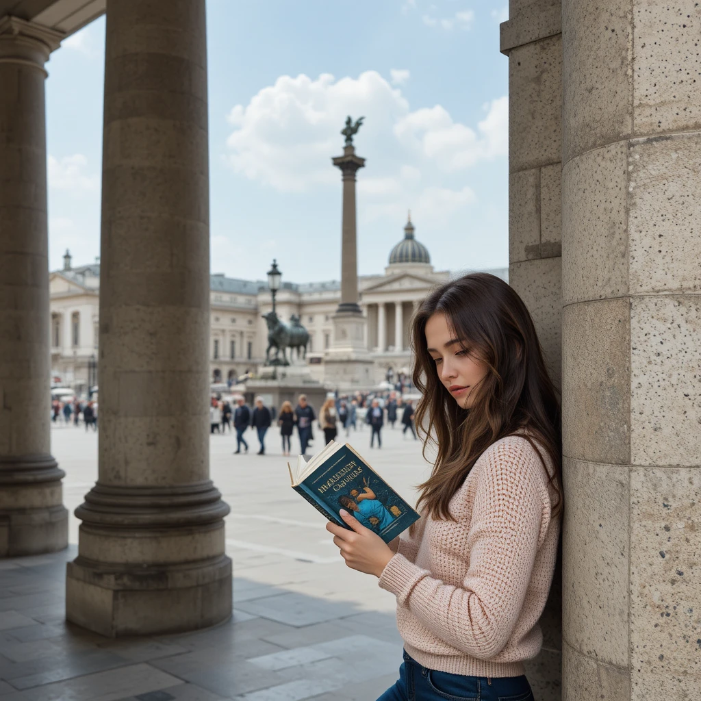 Young woman reading against pillar near Trafalgar Square