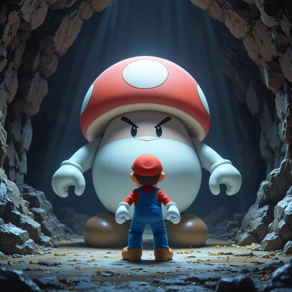 3D cartoon cave scene with Mario facing giant Goomba